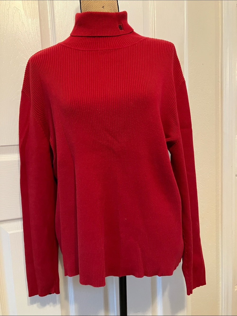 Lauren Ralph Lauren 100% cotton vertical ribbed vibrant red folded turtleneck 3X